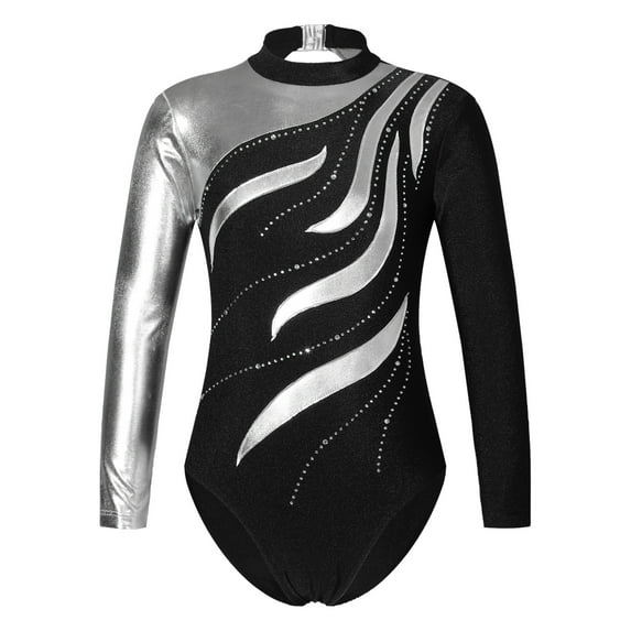 CHICTRY Kids Girls Long Sleeve Cutout Back Gymnastics Leotard Shiny Rhinestones Dance Gym Exercise Bodysuit Black 8