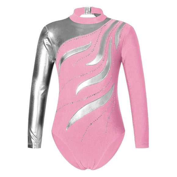 CHICTRY Kids Girls Long Sleeve Cutout Back Gymnastics Leotard Shiny Rhinestones Dance Gym Exercise Bodysuit Pink 14