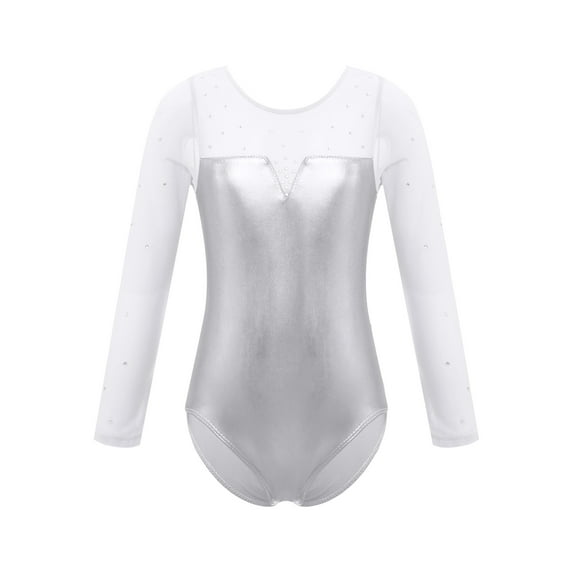 CHICTRY Kids Girls Long Sleeve Gymnastics Leotard Rhinestone Metallic Ballet Leotard Performance Dancewear Silver 8