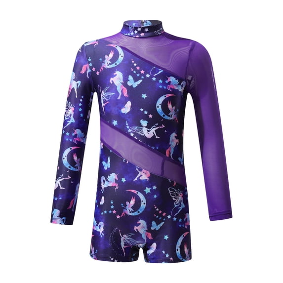 CHICTRY Kids Girls Long Sleeve Mesh Splice Gymnastics Leotard Short Ballet Dance Biketard Unitard Fairy Navy 6