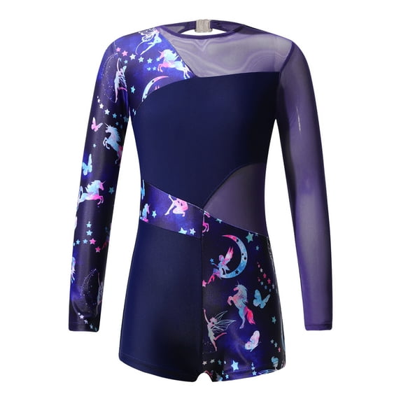 CHICTRY Kids Girls Long Sleeve Mesh Splice Gymnastics Leotard Short Ballet Dance Biketard Unitard Navy Blue 14