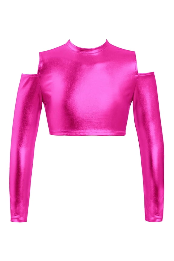 Kids Girls Long Sleeves Glossy Crop Top for Dancing Performance,Sizes 6-14