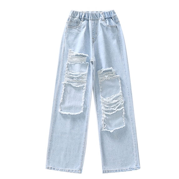 CHICTRY Kids Girls Loose Ripped Jeans Wide Leg Distressed Denim Pants,Sizes 3-15 Blue 6-7