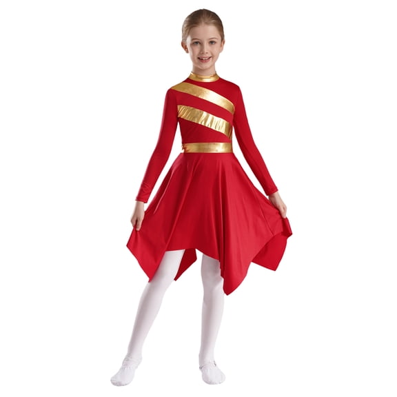 CHICTRY Kids Girls Lyrical Dance Dress Long Sleeve Gold Strip Irregular Praise Worship Dancewear Red 12