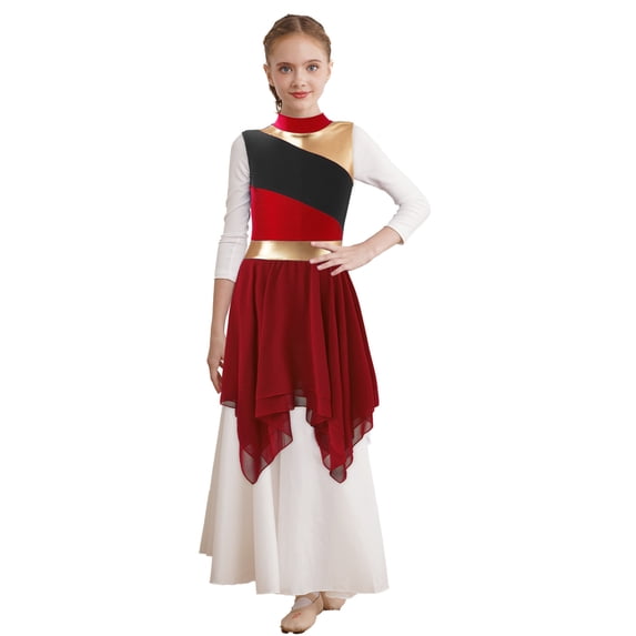 CHICTRY Kids Girls Lyrical Dance Dress Sleeveless Asymmetrical Chiffon Hem Praise Worship Dress Burgundy 6