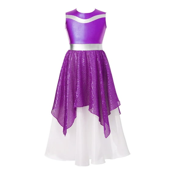 CHICTRY Kids Girls Lyrical Dance Dress Sleeveless Metallic Celebration of Spirit Dance Dress Tunic Praise Worship Gown Purple 12