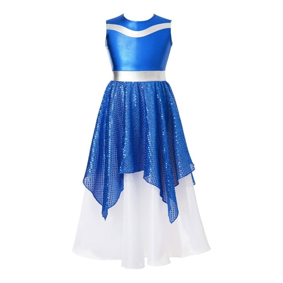 CHICTRY Kids Girls Lyrical Dance Dress Sleeveless Metallic Celebration of Spirit Dance Dress Tunic Praise Worship Gown Royal Blue 12
