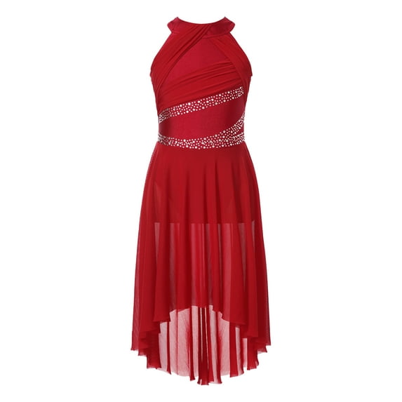 CHICTRY Kids Girls Lyrical Modern Dance Dress Rhinestones Ruched Bodice High-low Praise Dance Costume Burgundy 10
