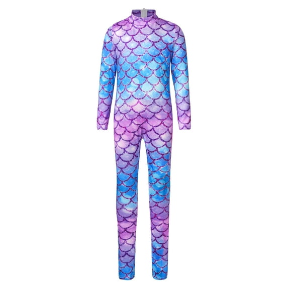 CHICTRY Kids Girls Mermaid Cosplay Jumpsuit Halloween Costume Fish Scales Print Long Sleeve Dance Gymnastics Unitard Type H 5-6