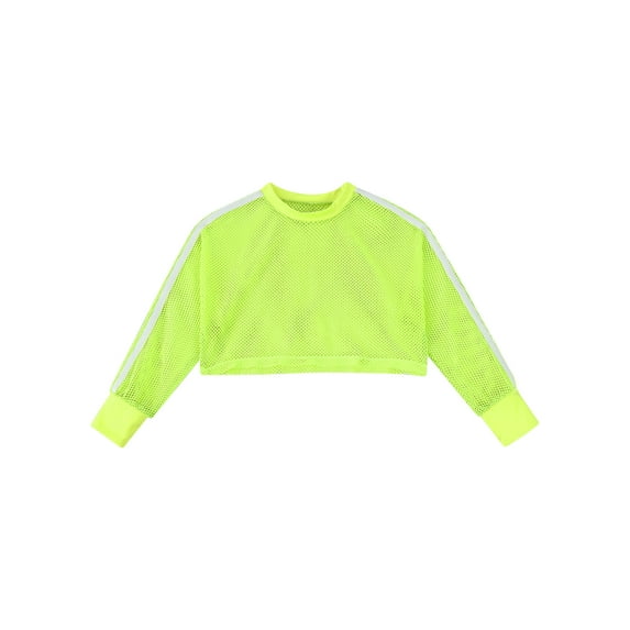 CHICTRY Kids Girls Mesh Crop Top Long Sleeve Fishnet Pullover Tops Dance Athletic Tee Shirt Fluorescent Green 16