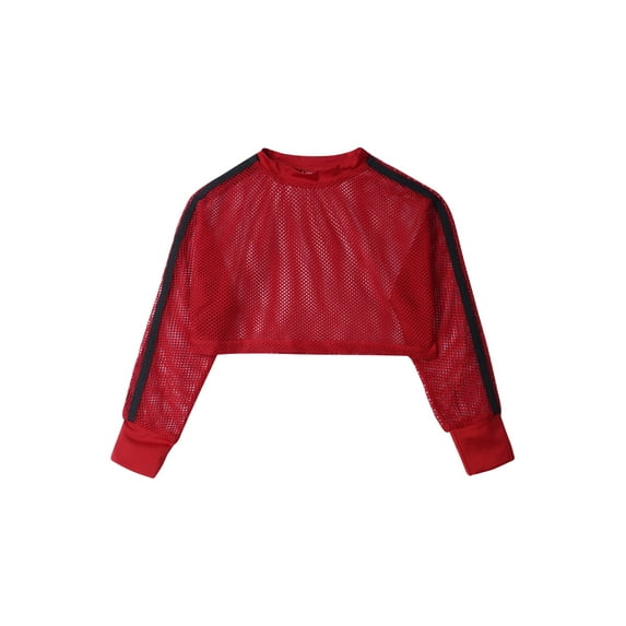 CHICTRY Kids Girls Mesh Crop Top Long Sleeve Fishnet Pullover Tops Dance Athletic Tee Shirt Red 8