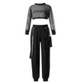 thumbnail image 1 of CHICTRY Kids Girls Mesh Long Sleeve Crop Top with Letters Print Vest Chain Pocket Pants Dance Sports Outfit Set Black&White 14, 1 of 7