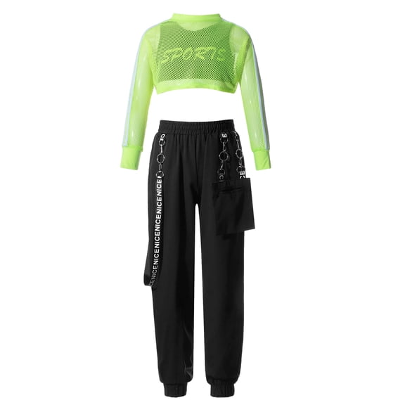 CHICTRY Kids Girls Mesh Long Sleeve Crop Top with Letters Print Vest Chain Pocket Pants Dance Sports Outfit Set Fluorescent Green 6