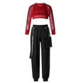 thumbnail image 1 of CHICTRY Kids Girls Mesh Long Sleeve Crop Top with Letters Print Vest Chain Pocket Pants Dance Sports Outfit Set Red 10, 1 of 7
