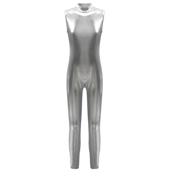CHICTRY Kids Girls Metallic Long Jumpsuit Sleeveless Gymnastics Acrobatics Full Length Unitard Bodysuit Silver 14