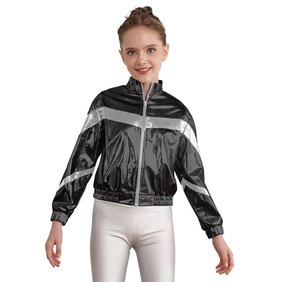 CHICTRY Kids Girls Metallic Long Sleeve Jacket Zipper Front Coat Stand Collar Glossy Jazz Hip-Hop Dance Tops Black 16