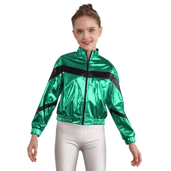 CHICTRY Kids Girls Metallic Long Sleeve Jacket Zipper Front Coat Stand Collar Glossy Jazz Hip-Hop Dance Tops Green 8