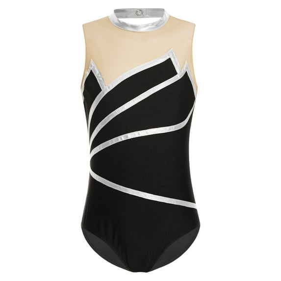 CHICTRY Kids Girls Metallic Mesh Patchwork Rhythmic Gymnastics Leotard Sleeveless Figure Skating Bodysuit Silver 10