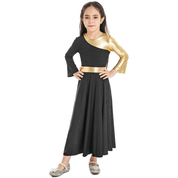 CHICTRY Kids Girls Metallic Praise Dance Dress Long Sleeve Asymmetrical Tunic Dress Lyrical Contemporary Dance Costume Black-A 10