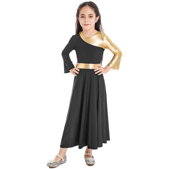 CHICTRY Kids Girls Metallic Praise Dance Dress Long Sleeve Asymmetrical Tunic Dress Lyrical Contemporary Dance Costume Black-A 12