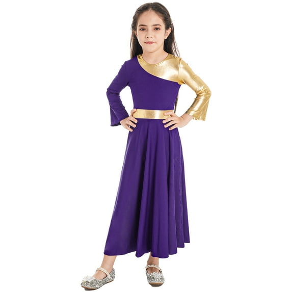 CHICTRY Kids Girls Metallic Praise Dance Dress Long Sleeve Asymmetrical Tunic Dress Lyrical Contemporary Dance Costume Purple-A 12