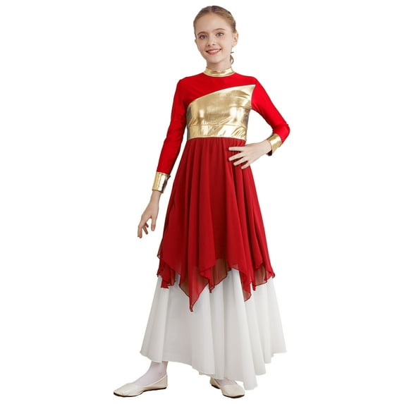CHICTRY Kids Girls Metallic Praise Dance Dress Long Sleeve Asymmetrical Tunic Dress Lyrical Contemporary Dance Costume Red 14