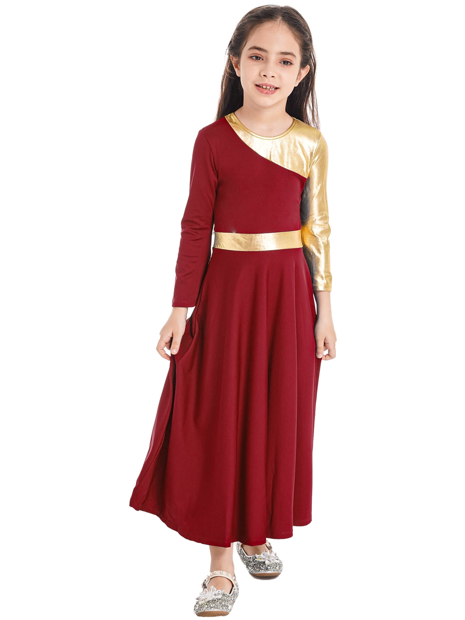 CHICTRY Kids Girls Metallic Praise Dance Dress Long Sleeve Asymmetrical
