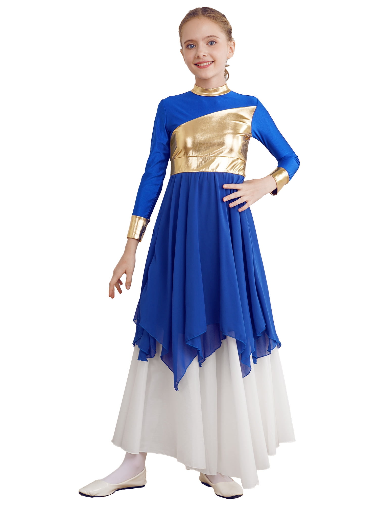 CHICTRY Kids Girls Metallic Praise Dance Dress Long Sleeve Asymmetrical