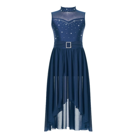 CHICTRY Kids Girls Modern Lyrical Dance Leotard Dress Hollow Back High-Low Hem Contemporary Dance Dress Navy Blue 6