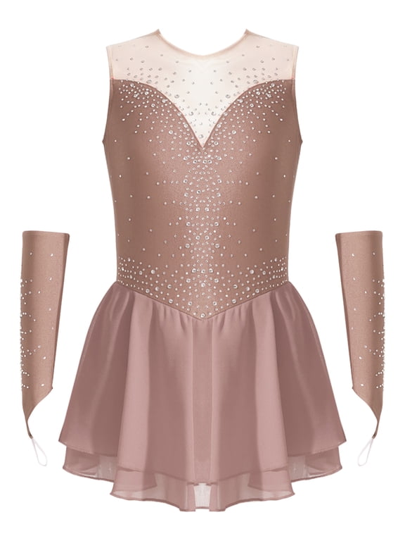 Kids Girls Modern Lyrical Dancewear Patchwork Fancy Skating Ballet Dance Performance Dress Dusty Pink 6