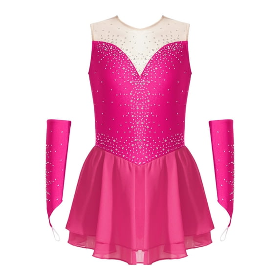 CHICTRY Kids Girls Modern Lyrical Dancewear Patchwork Fancy Skating Ballet Dance Performance Dress Hot Pink 12