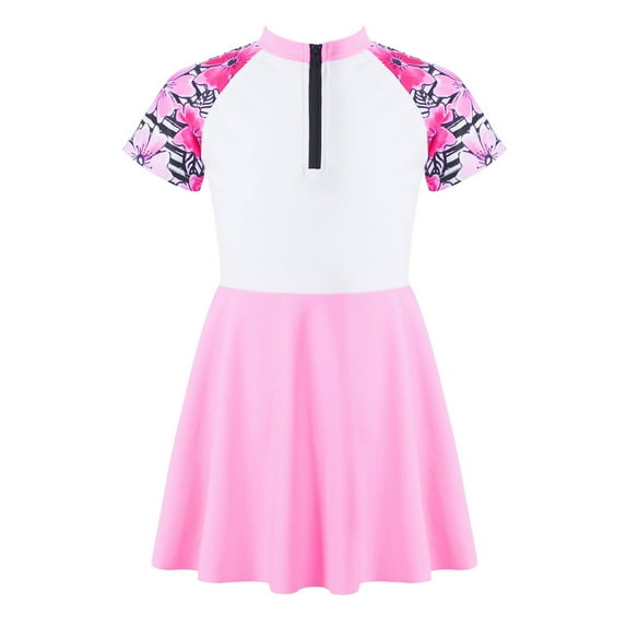 CHICTRY Kids Girls One-piece Swimsuit Rash Guard 50+ Sun Protection Surfing Swimming Dress Beach Wear Pink 10