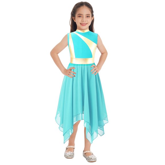 CHICTRY Kids Girls Praise Lyrical Dance Dress Sleeveless Tiered Dress High Waist Ballroom Performance Dancewear A Turquoise 6