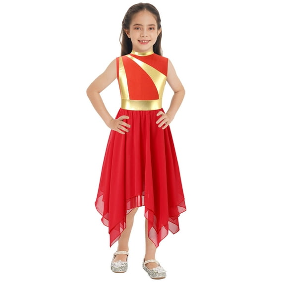 CHICTRY Kids Girls Praise Lyrical Dance Dress Sleeveless Tiered Dress High Waist Ballroom Performance Dancewear Red 10