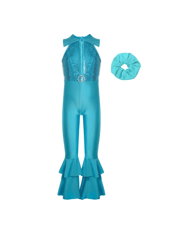 Kids Girls Retro Disco Dance Outfit Sequins Bell Bottom Jumpsuits with Scrunchie Blue 6