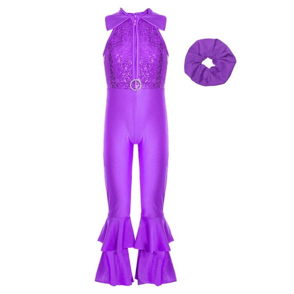 CHICTRY Kids Girls Retro Disco Dance Outfit Sequins Bell Bottom Jumpsuits with Scrunchie Purple 14