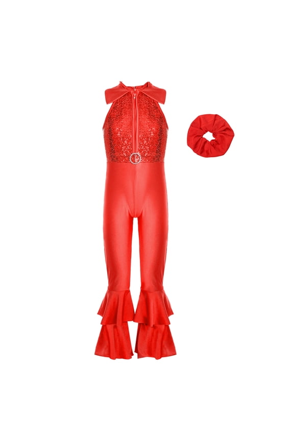 Kids Girls Retro Disco Dance Outfit Sequins Bell Bottom Jumpsuits with Scrunchie Red 8