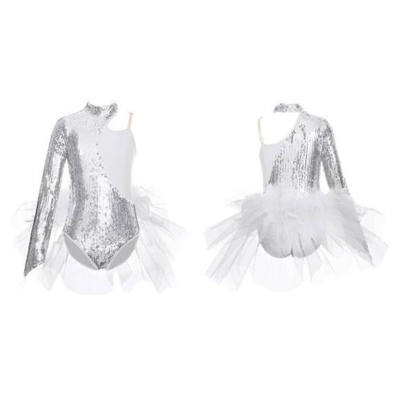 CHICTRY Kids Girls School Dance Stage Show Outfit Single Long Sleeve Sparkly Sequins Ballet Tutu Leotard Dress Silver 14