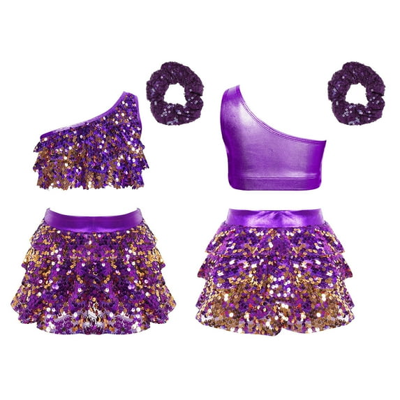CHICTRY Kids Girls Sequin Metallic Jazz Modern Latin Dance Crop Top with Skirt Hair Band Set Purple 14