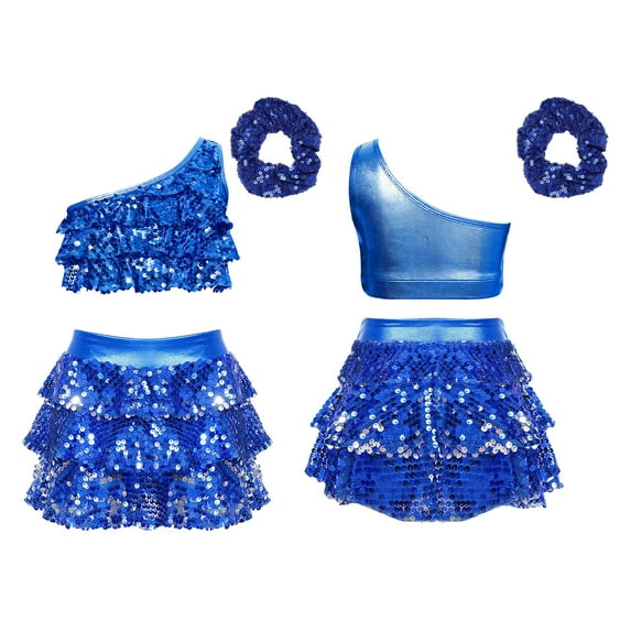CHICTRY Kids Girls Sequin Metallic Jazz Modern Latin Dance Crop Top with Skirt Hair Band Set Royal Blue 12