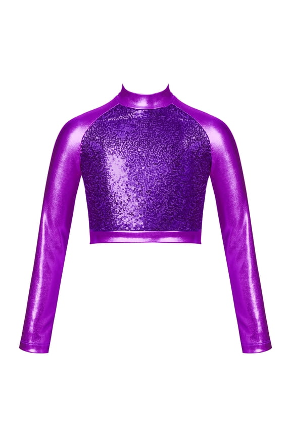 Kids Girls Sequins Back Zipper Dance Tops Long Sleeve Metallic Latin Jazz Dance Crop Top Purple 14