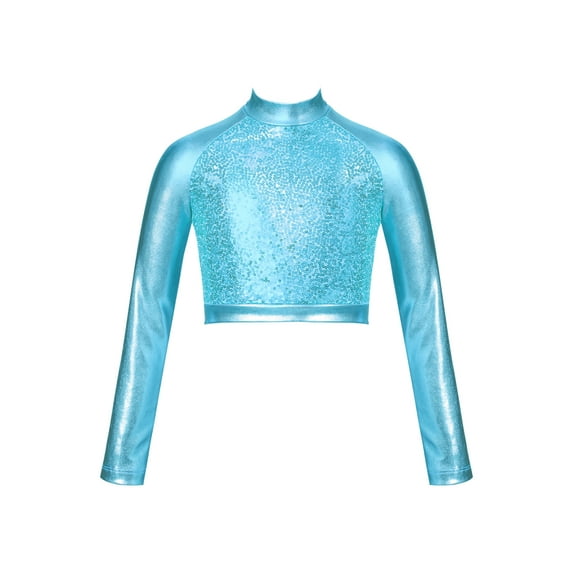 CHICTRY Kids Girls Sequins Back Zipper Dance Tops Long Sleeve Metallic Latin Jazz Dance Crop Top Turquoise 8