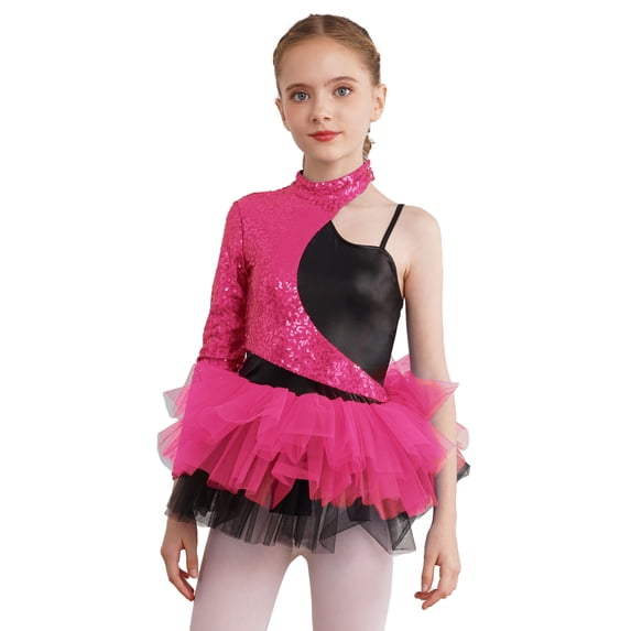 CHICTRY Kids Girls Sequins Jazz Dance Costume Asymmetrical Sleeves Gymnastics Leotard Dress Dancewear A Hot Pink 16