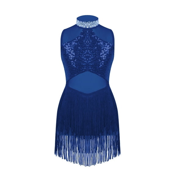 CHICTRY Kids Girls Sequins Rhinestones Jazz Latin Dance Leotard Dress Sleeveless Tassels Dance Wear