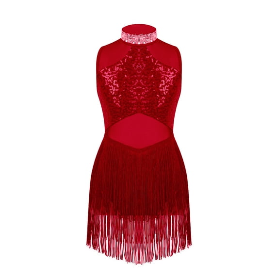 CHICTRY Kids Girls Sequins Rhinestones Jazz Latin Dance Leotard Dress Sleeveless Tassels Dance Wear