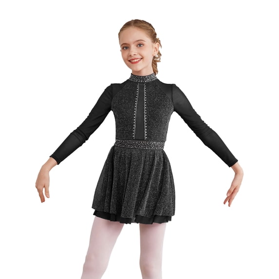 CHICTRY Kids Girls Shimmery Sequins Skating Dress Long Sleeve Backless Gymnastics Lyrical Dance Dress Dancewear Black 12