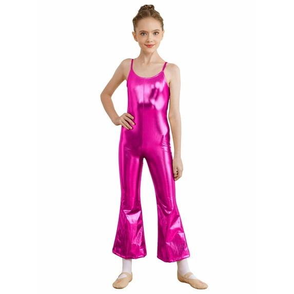 CHICTRY Kids Girls Shiny Bell-Bottomed Full Bodysuit Metallic Jazz Dance Unitard Sleeveless Gymnastics Jumpsuit Hot Pink 16
