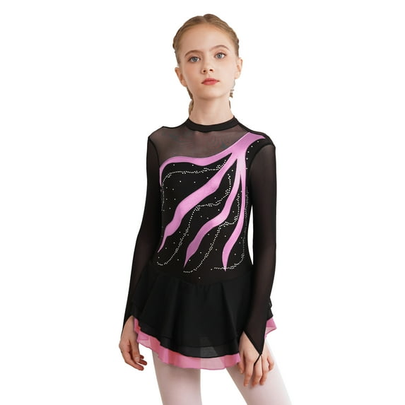 CHICTRY Kids Girls Shiny Rhinestone Long Sleeve Figure Ice Skating Leotard Dress Pink-B 12