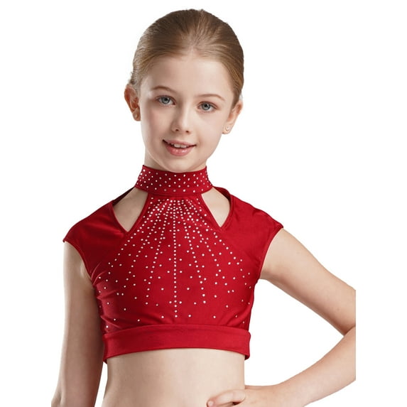 CHICTRY Kids Girls Shiny Rhinestone Mock Cutout Neck Dance Crop Top Athletic Shirts Lyrical Dance Tanks Camisole Burgundy 12
