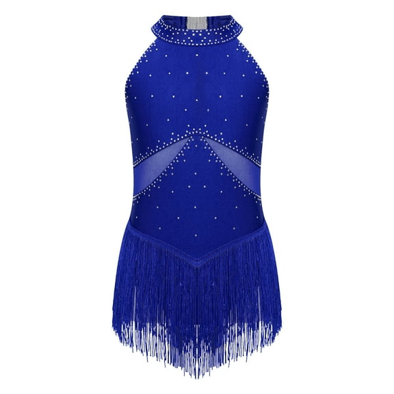 CHICTRY Kids Girls Shiny Rhinestone Tassel Latin Dance Dress Halter Ice Skating Leotard Dresses Modern Jazz Lyrical Dancewear Blue 16